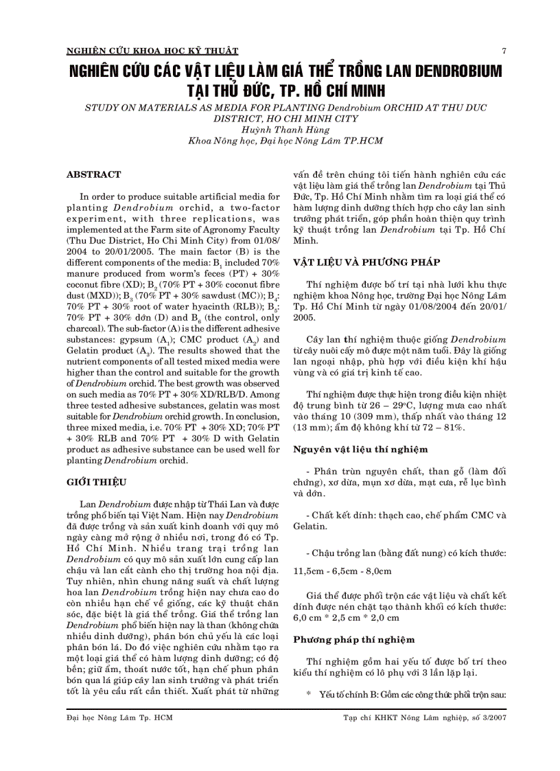 Nghiên cứu các vật liệu làm giá thể trồng lan dendrobium tại thủ đức tp Hồ chí minh