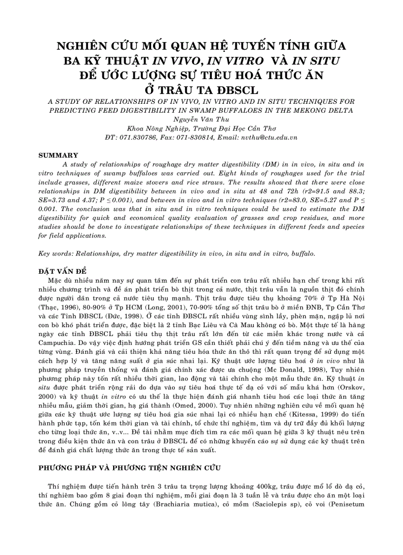 Nghiên cứu mối quan hệ tuyến tính giữa ba kỹ thuật in vivo in vitro và in situ để ước lượng sự tiêu hóa thức ăn ở trâu ta ĐBSCL