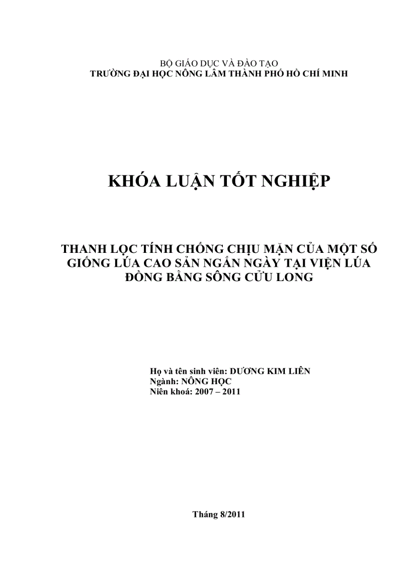 Thanh lọc tính chống chịu mặn của một số giống lúa cao sản ngắn ngày tại Viện lúa Đồng Bằng Sông Cửu Long