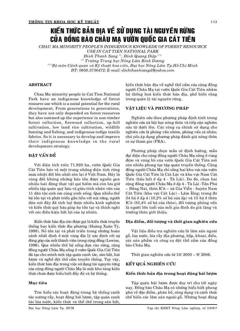 Kiến thức bản địa về sử dụng tài nguyên rừng của đồng bào châu mạ vườn quốâc gia cát tiên