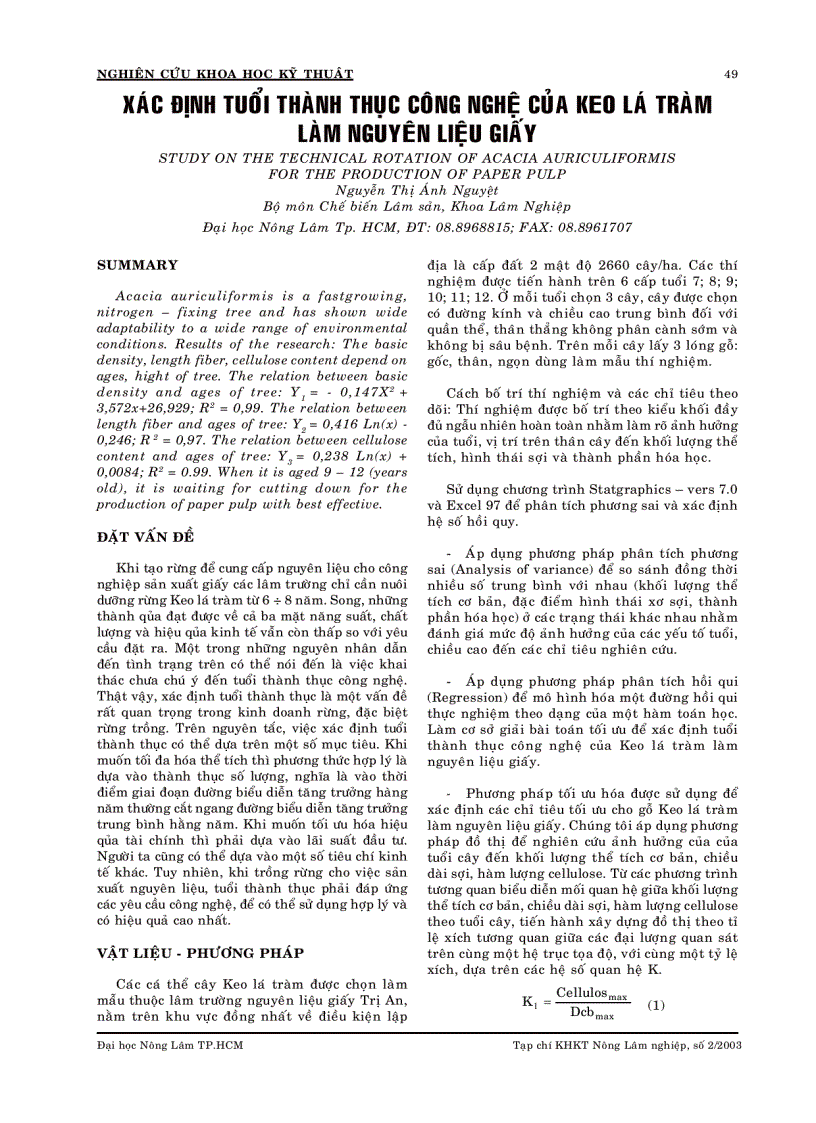 Xác định tuổi thành thục công nghệ của keo lá tràm làm nguyên liệu giấy