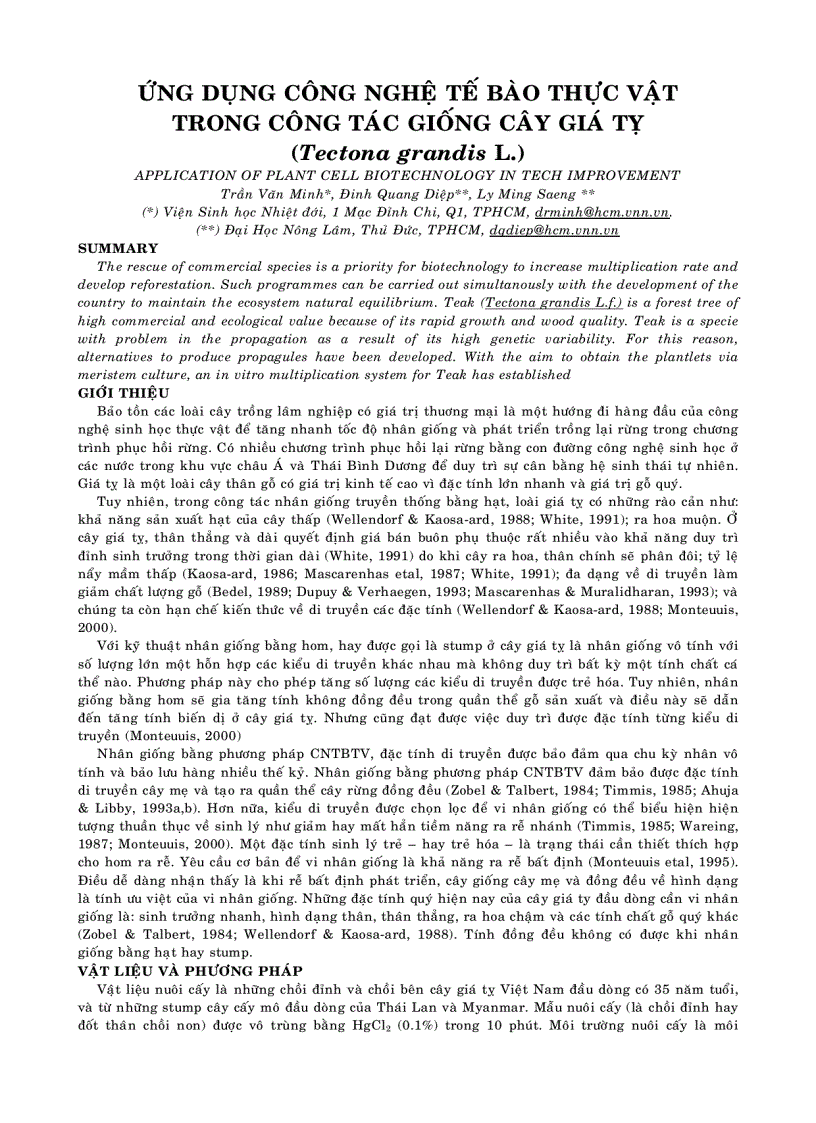 ỨNG DỤNG CÔNG NGHỆ TẾ BÀO THỰC VẬT TRONG CÔNG TÁC GIỐNG CÂY GIÁ TỴ Tectona grandis L