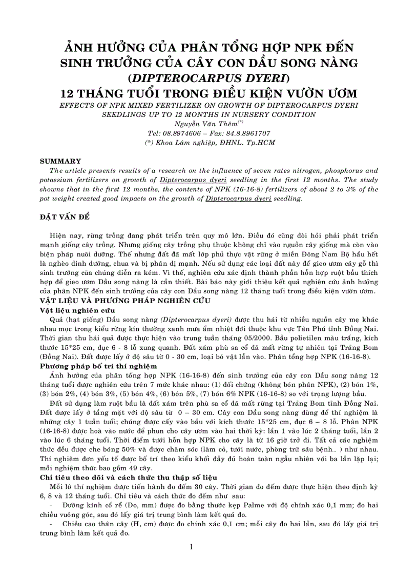 Ảnh hưởng của phân tổng hợp npk đến sinh trưởng của cây con dầu song nàng dipterocarpus dyeri 12 tháng tuổi trong điều kiện vườn ươm