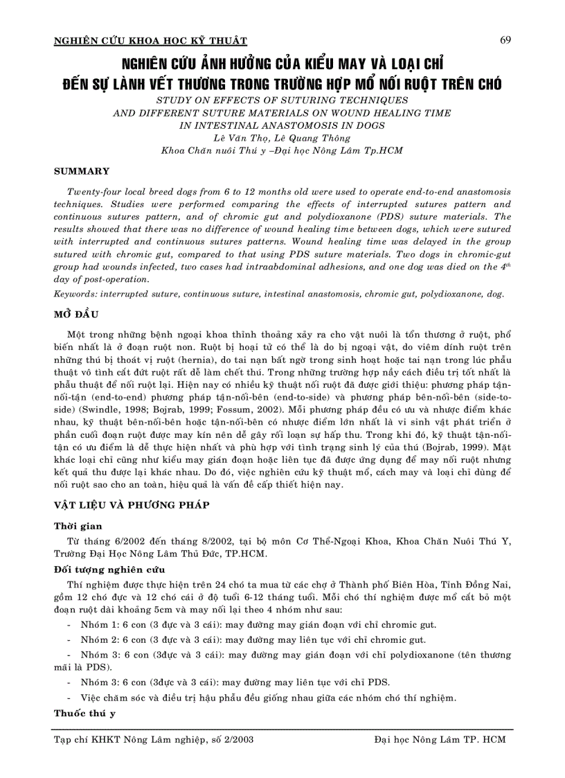 Nghiên cứu ảnh hưởng của kiểu may và loại chỉ đến sự lành vết thương trong trường hợp mổ nối ruột trên chó
