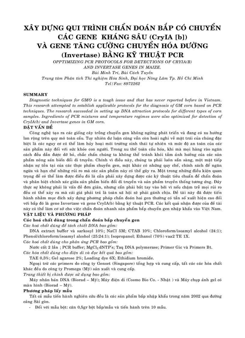XÂY DỰNG QUI TRÌNH CHẨN ĐOÁN BẮP CÓ CHUYỂN CÁC GENE KHÁNG SÂU CryIA b VÀ GENE TĂNG CƯỜNG CHUYỂN HÓA ĐƯỜNG Invertase BẰNG KỸ THUẬT PCR