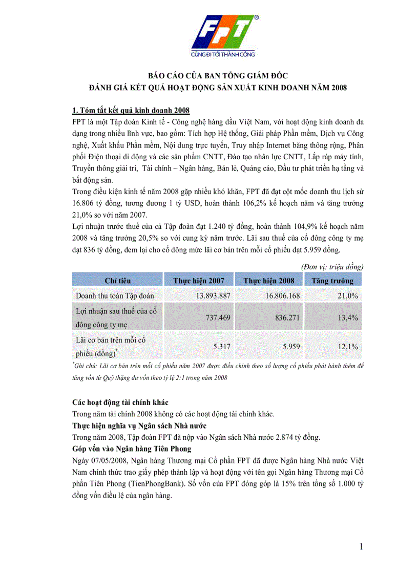 Đánh giá báo cáo kết quả hoạt động sản xuất kinh doanh năm 2008 của công ty FPT