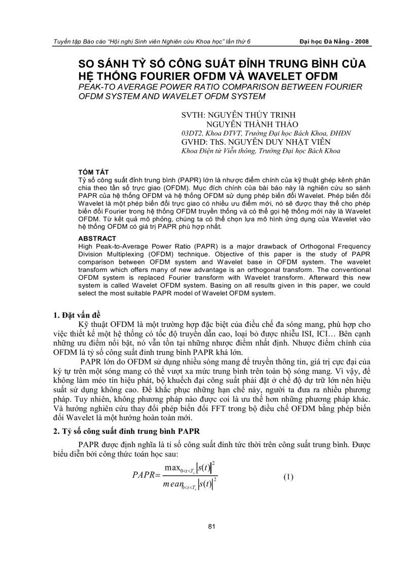 So sánh tỷ số công suất đỉnh trung bình của hệ thống fourier ofdm và wavelet ofdm