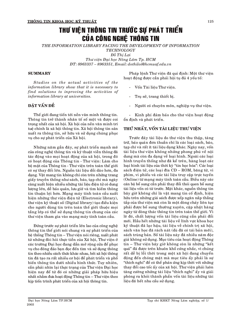 Thư viện thông tin trước sự phát triển của công nghệ thông tin