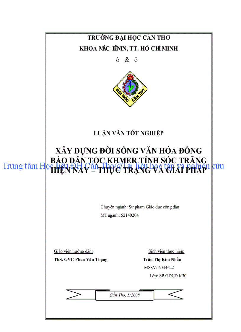 Xây dựng đời sống văn hóa đồng bào dân tộc khmer tỉnh sóc trăng hiện nay thực trạng và giải pháp