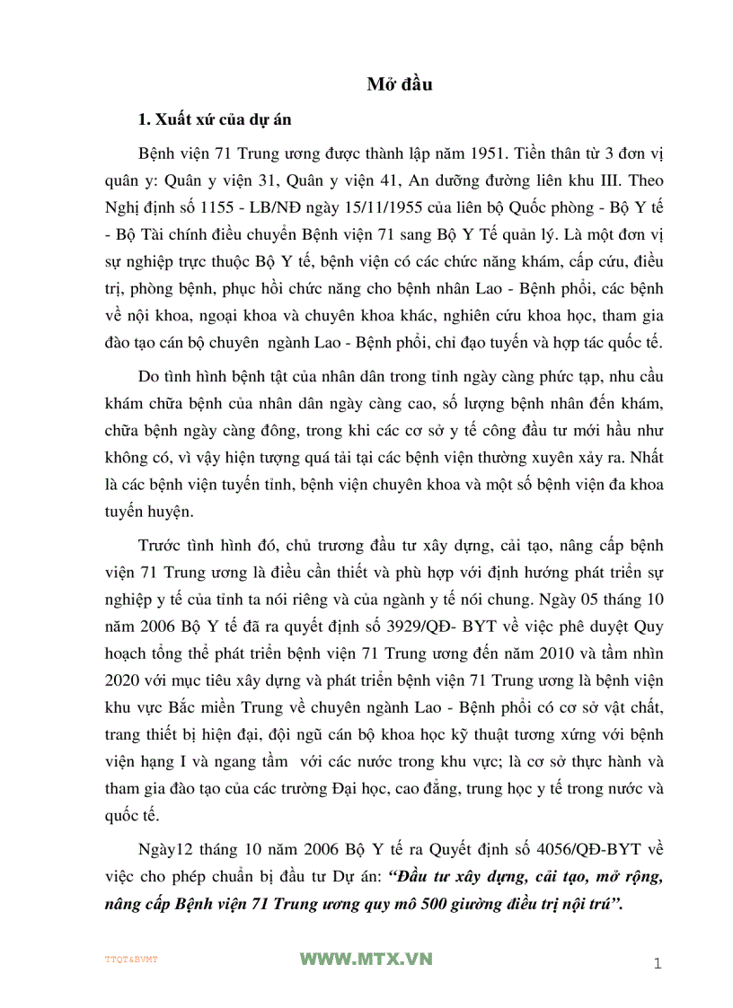 Đầu tư xây dựng cải tạo mở rộng nâng cấp Bệnh viện 71 Trung ương quy mô 500 giường điều trị nội trú