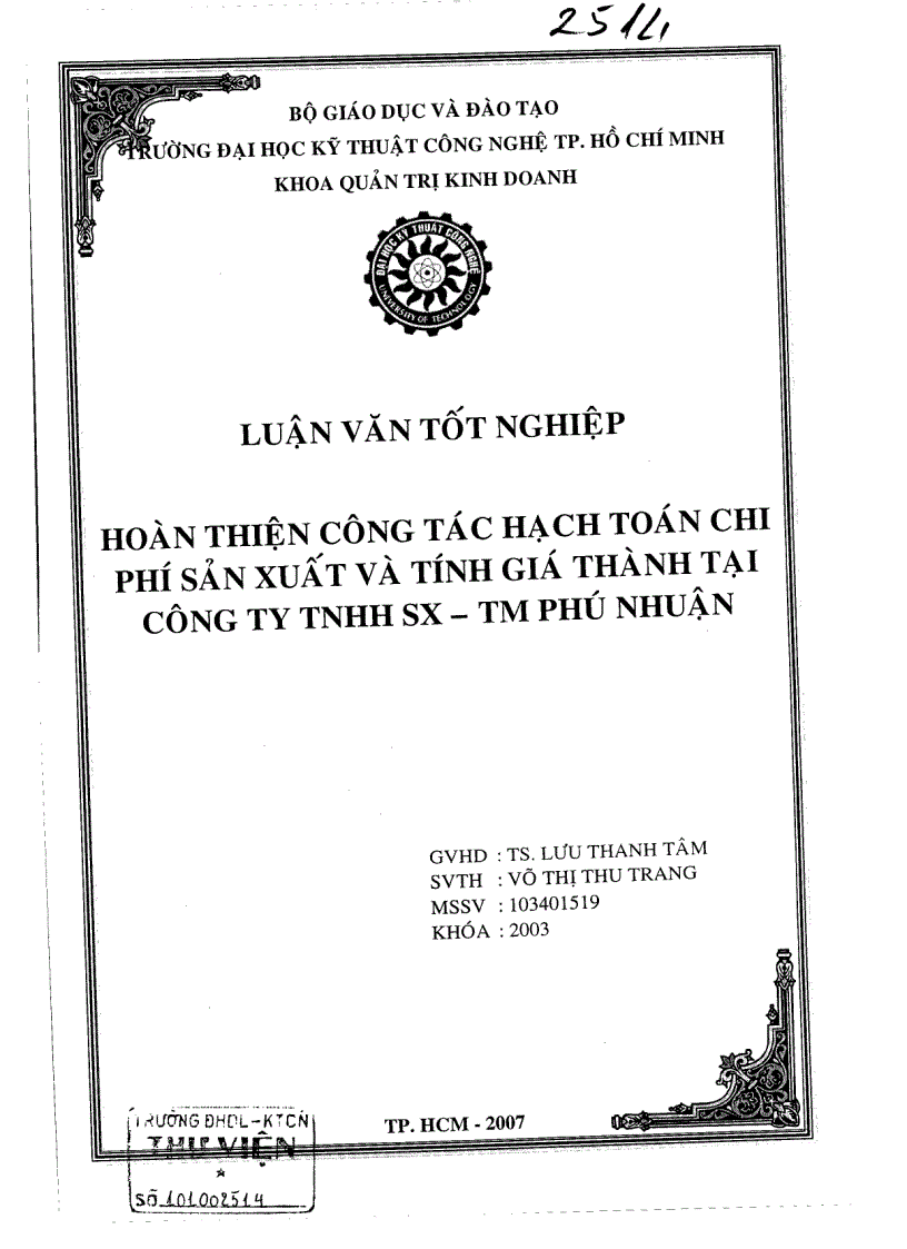 Hoàn thiện công tác hạch toán chi phí sản xuất và tính giá thành tại công ty TNHH sản xuất thương mại Phú Nhuận