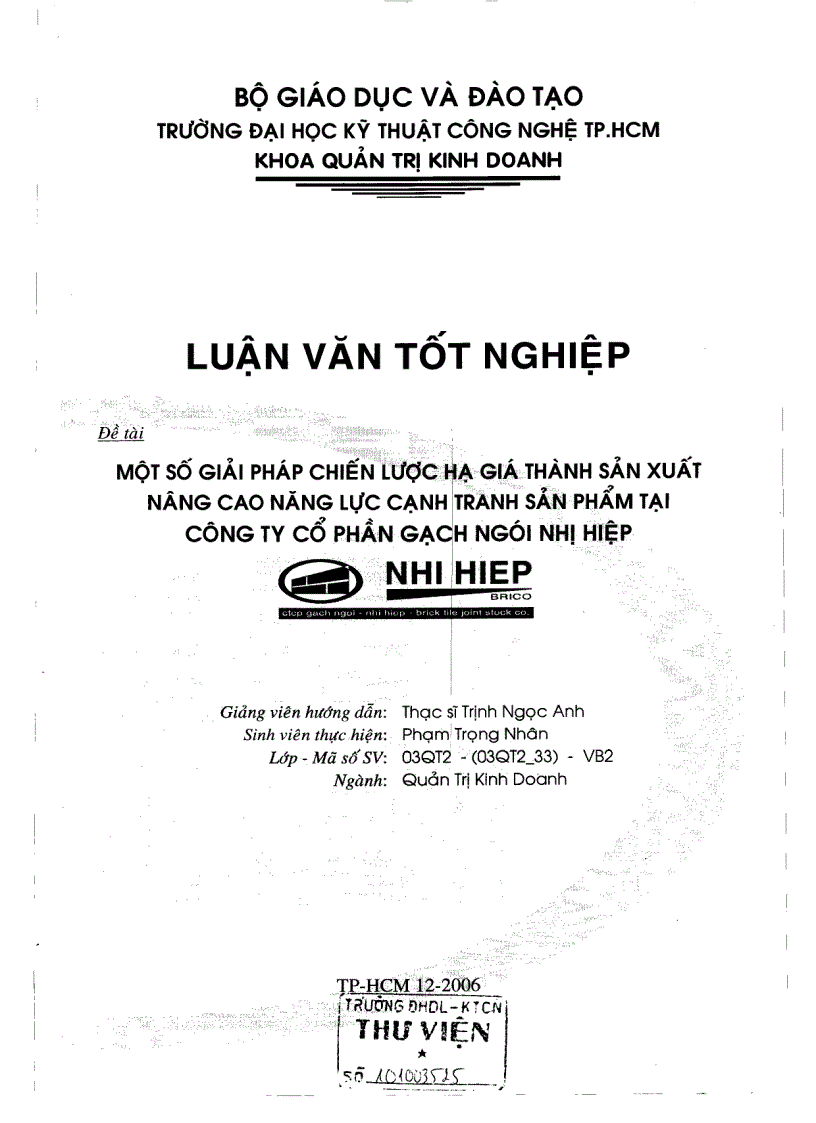 Một số giải pháp chiến lược hạ giá thành sản xuất nâng cao năng lực cạnh tranh sản phẩm tại công ty cổ phần gạch ngói Nhị Hiệp