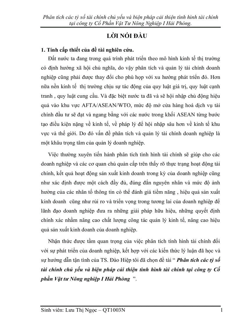 Phân tích các tỷ số tài chính chủ yếu và biện pháp cải thiện tình hình tài chính tại công ty Cổ Phần Vật Tư Nông Nghiệp I Hải Phòng