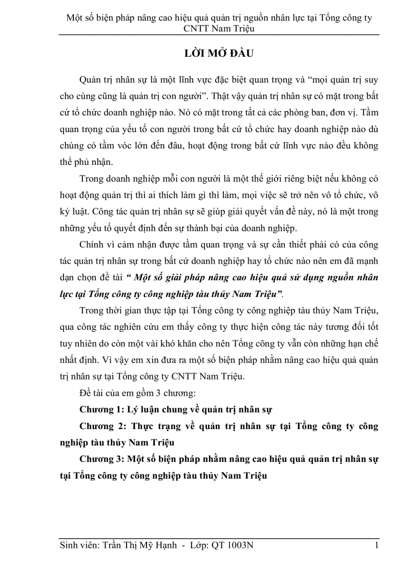 Một số biện pháp nâng cao hiệu quả quản trị nguồn nhân lực tại Tổng công ty CNTT Nam Triệu