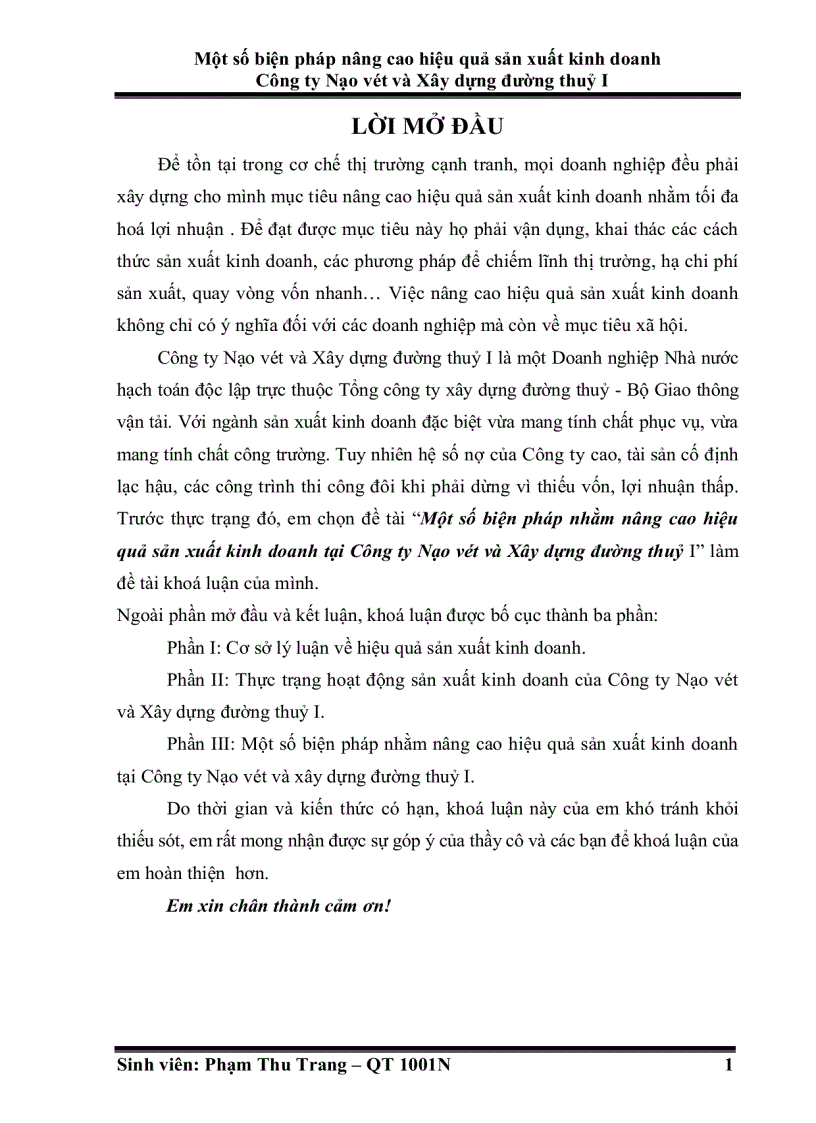 Một số biện pháp nhằm nâng cao hiệu quả sản xuất kinh doanh tại Công ty Nạo vét và Xây dựng đường thuỷ I