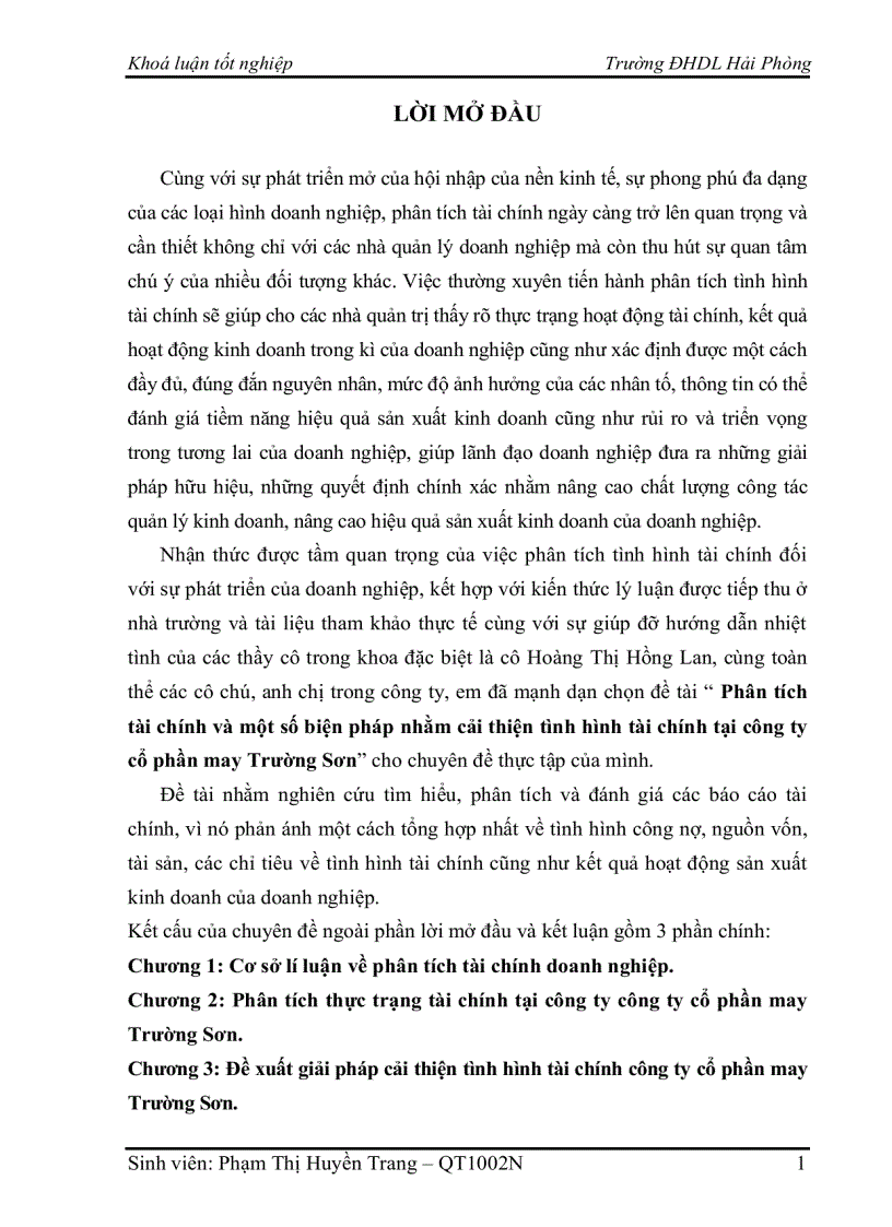 Phân tích tài chính và một số biện pháp nhằm cải thiện tình hình tài chính tại công ty cổ phần may Trường Sơn