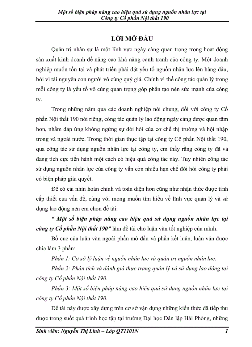 Một số biện pháp nâng cao hiệu quả sử dụng nguồn nhân lực tại Công ty Cổ phần Nội thất 190
