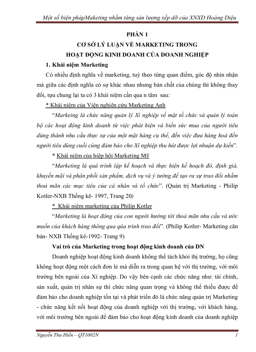 Một số biện phápMaketing nhằm tăng sản lượng xếp dỡ của XNXD Hoàng Diệu