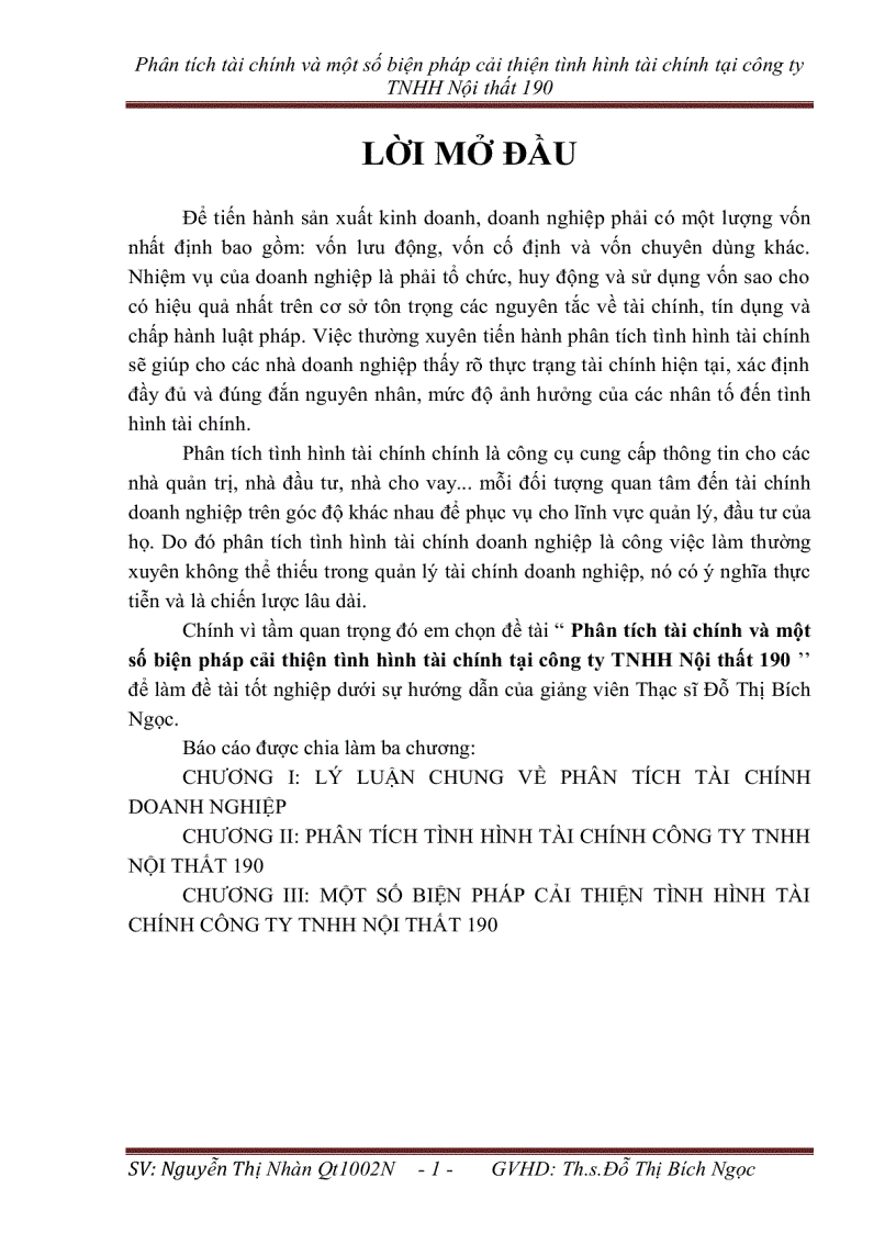 Phân tích tài chính và một số biện pháp cải thiện tình hình tài chính tại công ty TNHH Nội thất 190