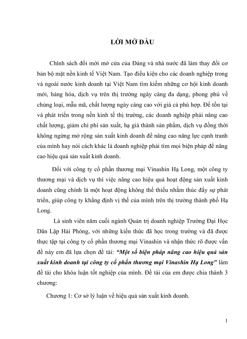 Một số biện pháp nâng cao hiệu quả sản xuất kinh doanh tại công ty cổ phần thương mại Vinashin Hạ Long