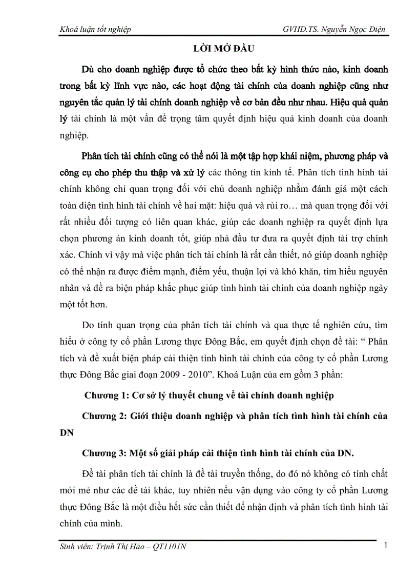 Phân tích và đề xuất biện pháp cải thiện tình hình tài chính của công ty cổ phần Lương thực Đông Bắc giai đoạn 2009 2010
