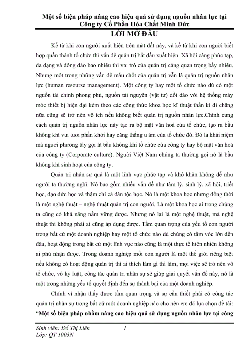 Một số biện pháp nhằm nâng cao hiệu quả sử dụng nguồn nhân lực tại công ty cổ phần Hóa Chất Minh Đức