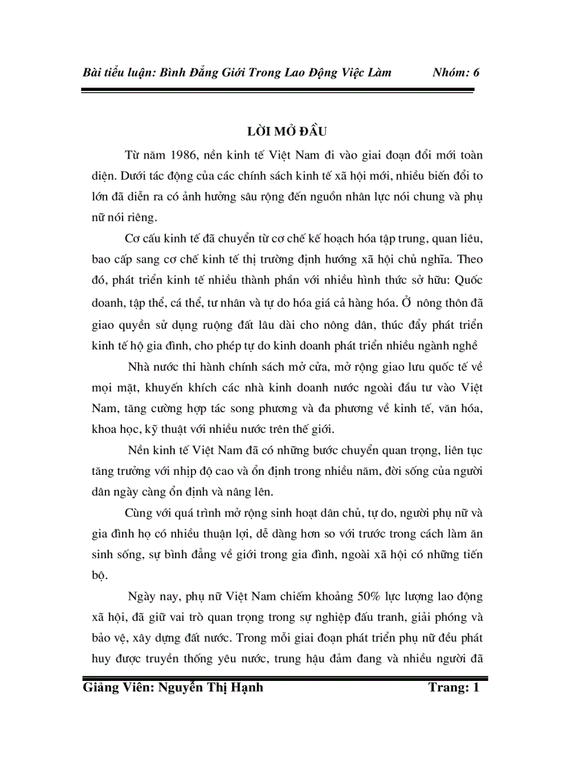 Bình Đẳng Giới Trong Lao Động Việc Làm Ở Việt Nam Trong Giai Đoạn Hiện Nay