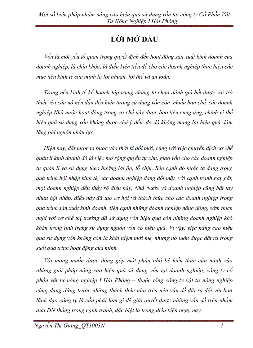 Một số biện pháp nhằm nâng cao hiệu quả sử dụng vốn tại công ty Cổ Phần Vật Tư Nông Nghiệp I Hải Phòng