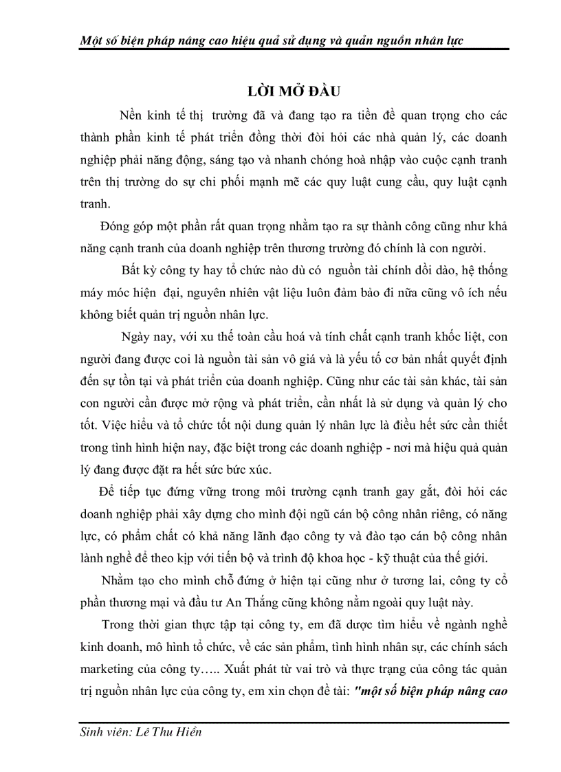 Một số biện pháp nâng cao hiệu quả sử dụng và quản lý nguồn nhân lực tại công ty cổ phần đầu tư thương mại An Thắng
