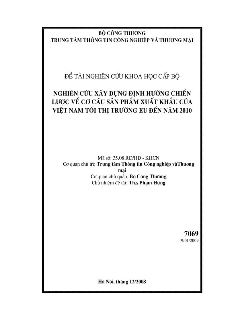 Nghiên cứu xây dựng định hướng chiến lược về cơ cấu sản phẩm xuất khẩu của Việt Nam tới thị trường EU đến năm 2010