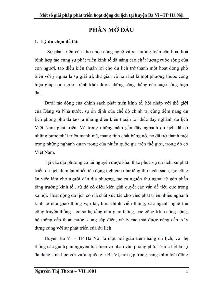 Một số giải pháp phát triển hoạt động du lịch tại huyện Ba Vì TP Hà Nội