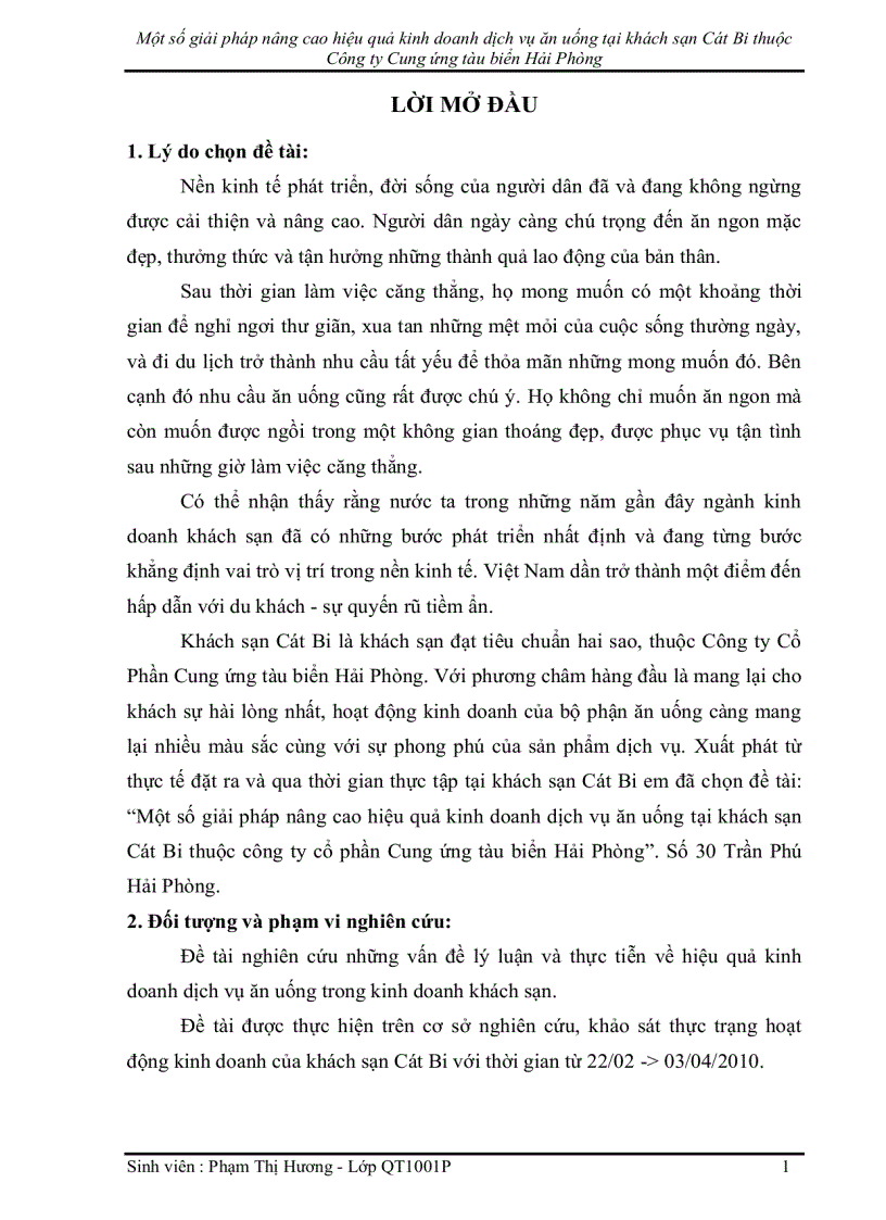 Một số giải pháp nâng cao hiệu quả kinh doanh dịch vụ ăn uống tại khách sạn Cát Bi thuộc Công ty Cung ứng tàu biển Hải Phòng