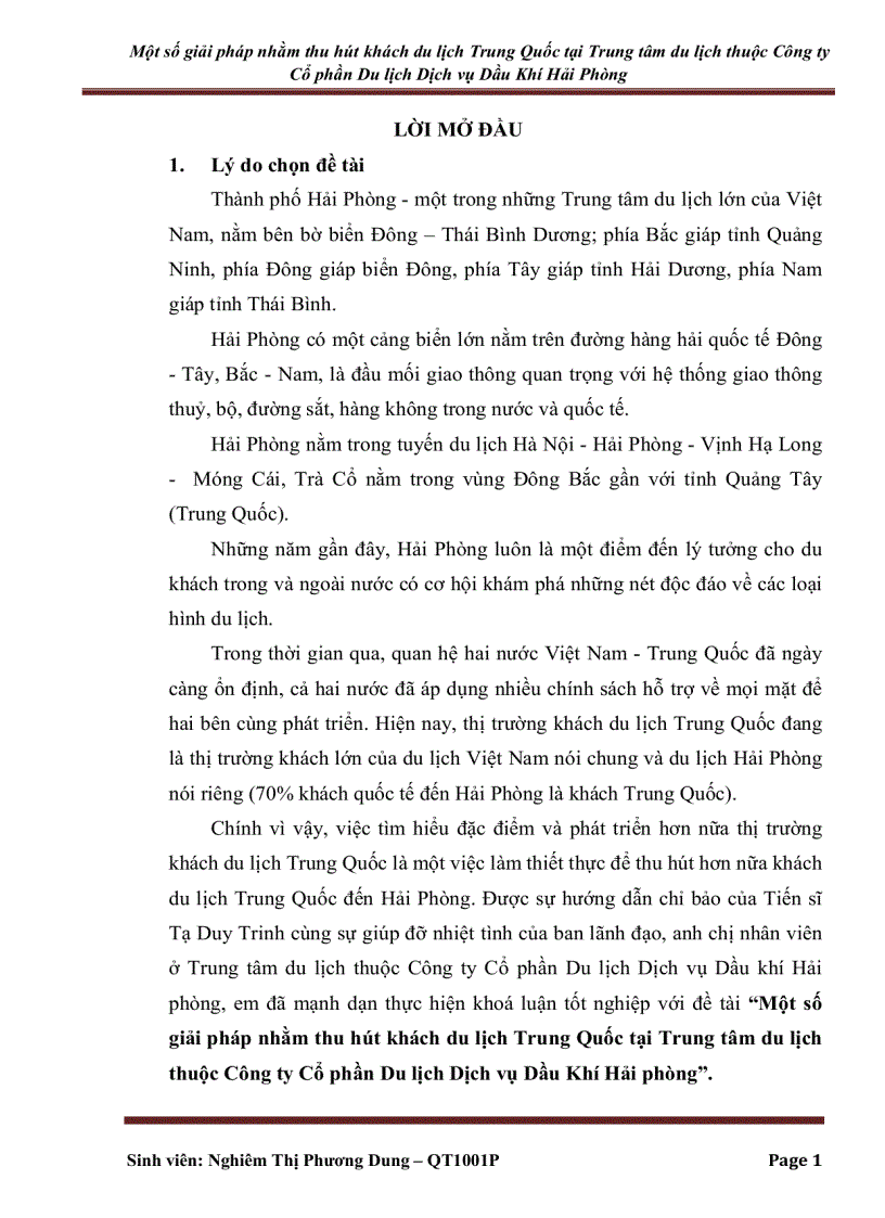 Một số giải pháp nhằm thu hút khách du lịch Trung Quốc tại Trung tâm du lịch thuộc Công ty Cổ phần Du lịch Dịch vụ Dầu Khí Hải Phòng