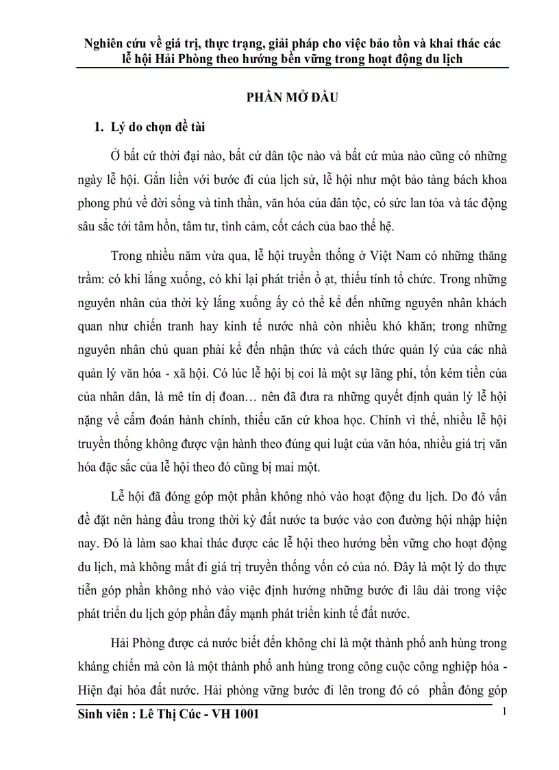 Nghiên cứu về giá trị thực trạng giải pháp cho việc bảo tồn và khai thác các lễ hội Hải Phòng theo hướng bền vững trong hoạt động du lịch