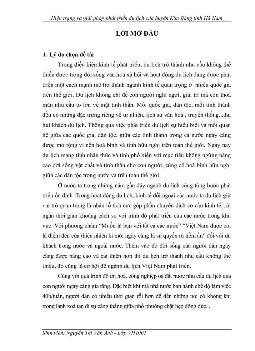 Hiện trạng và giải pháp phát triển du lịch của huyện Kim Bảng tỉnh Hà Nam