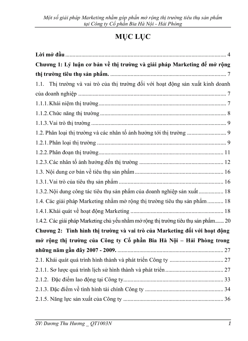 Một số giải pháp Marketing nhằm góp phần mở rộng thị trường tiêu thụ sản phẩm tại Công ty Cổ phần Bia Hà Nội Hải Phòng