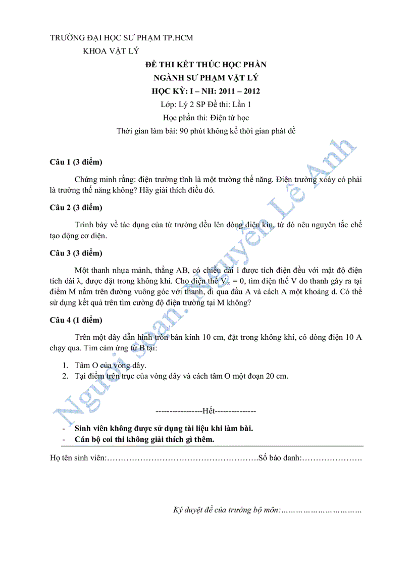 Đề thi kết thúc học phần môn điện