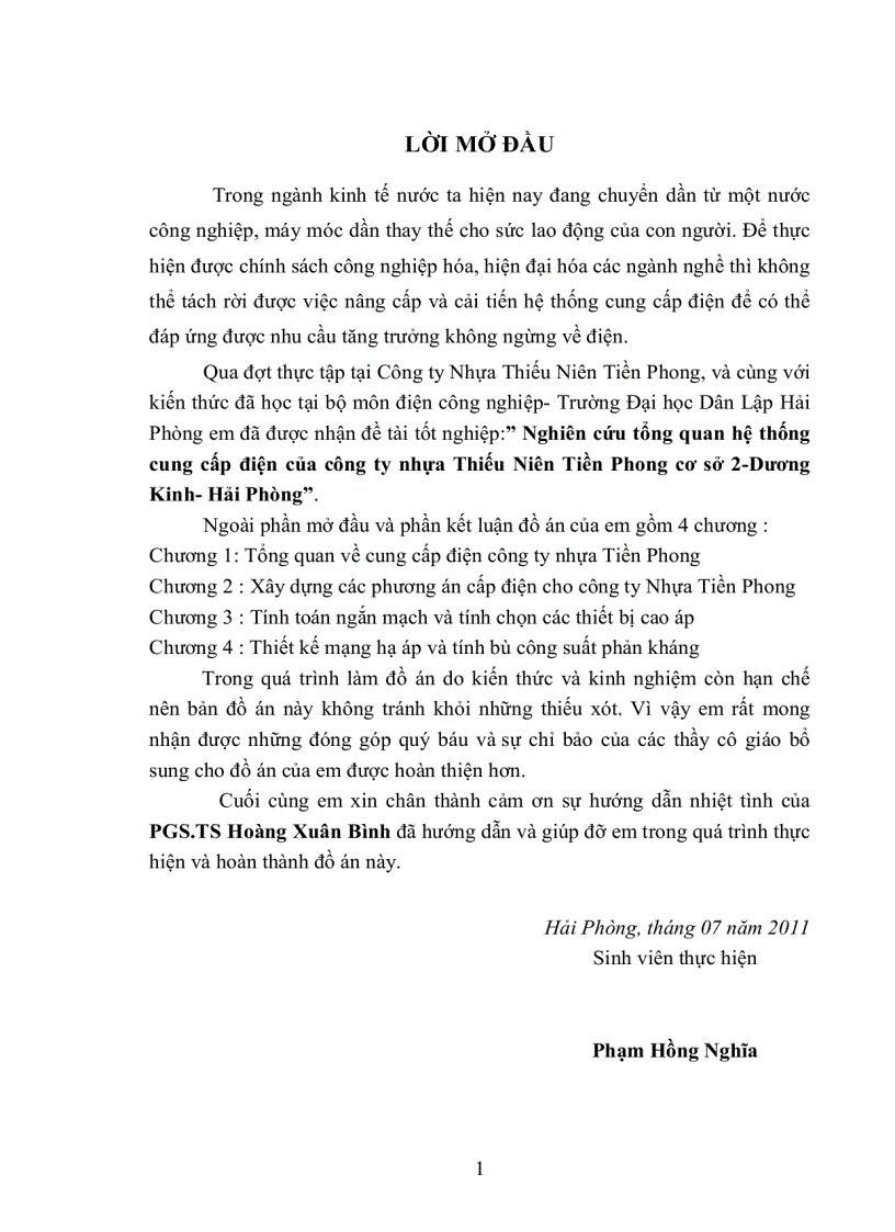 Nghiên cứu tổng quan hệ thống cung cấp điện của công ty nhựa Thiếu Niên Tiền Phong cơ sở 2 Dương Kinh Hải Phòng