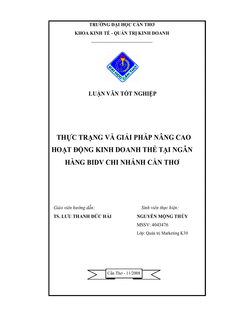 Thực trạng và giải pháp nâng cao hoạt động kinh doanh thẻ tại ngân hàng bidv chi nhánh cần thơ