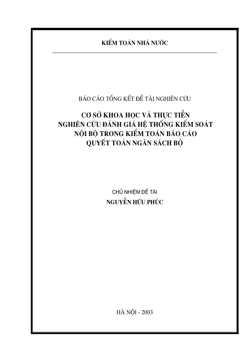 Cơ sở khoa học và thực tiễn nghiên cứu đánh giá hệ thống Kiểm soát nội bộ trong kiểm toán báo cáo quyết toán ngân sách bộ