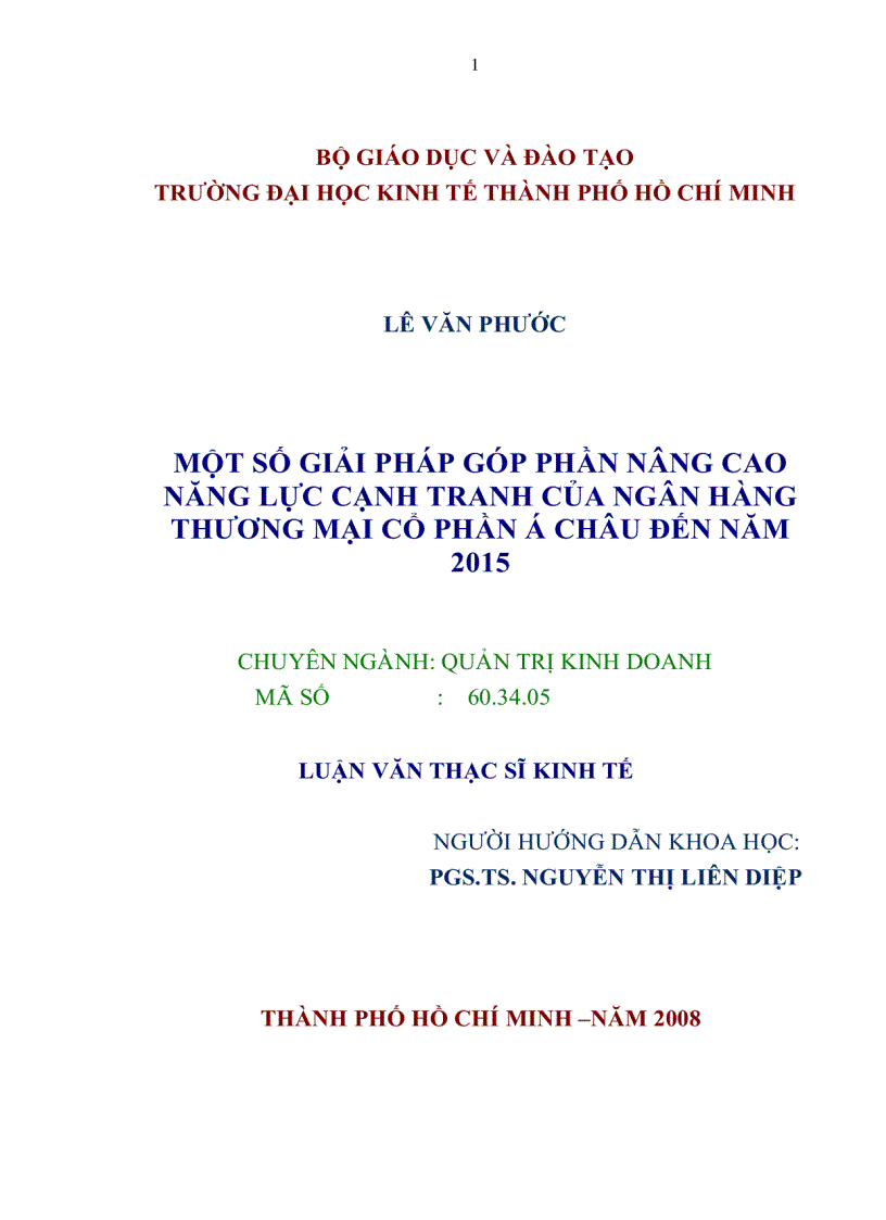 Một số giải pháp góp phần nâng cao năng lực cạnh tranh của Ngân hàng thương mại cổ phần Á Châu đến 2015