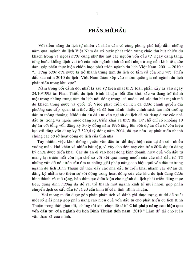 Giải pháp nâng cao hiệu quả vốn đầu tư của ngành du lịch Bình Thuận đến năm 2010