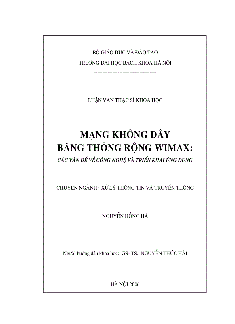 Mạng không dây băng thông rộng Wimax Các vấn đề về công nghệ và triển khai ứng dụng