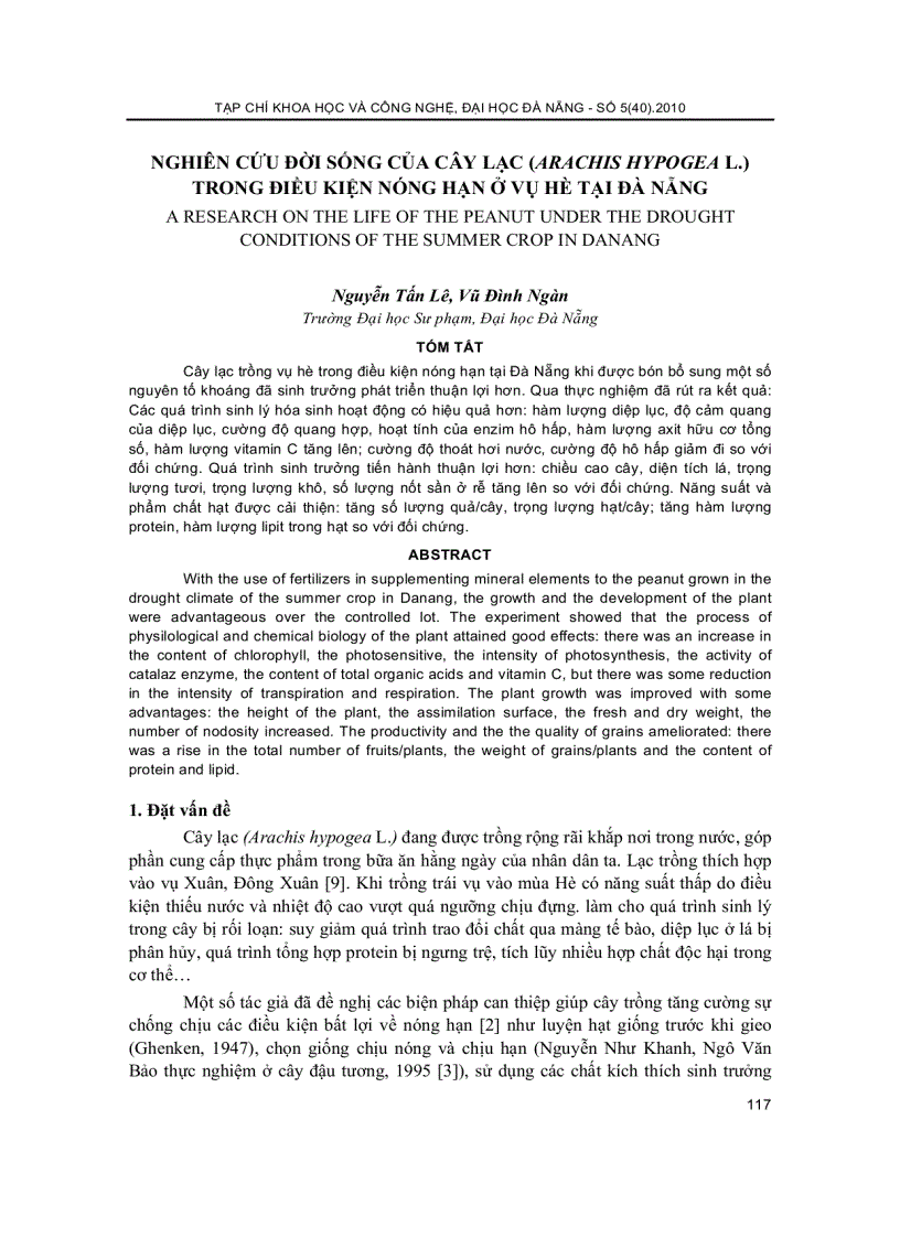 Nghiên cứu đời sống của cây lạc arachis hypogea l trong điều kiện nóng hạn ở vụ hè