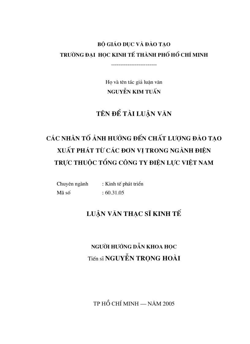 Các nhân tố ảnh hưởng đến chất lượng đào tạo xuất phát từ các đơn vị Ngành điện trực thuộc Tổng công ty Điện lực Việt Nam