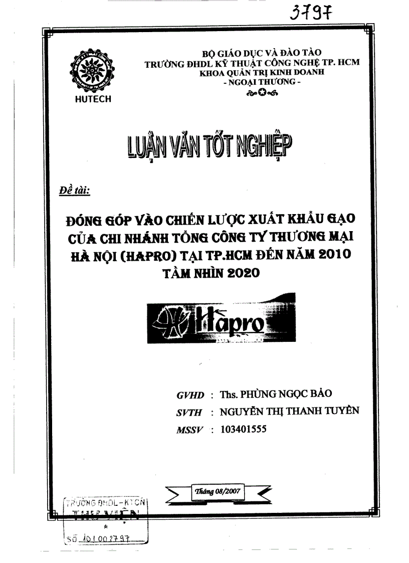 Đóng góp vào chiến lược xuất khẩu gạo của chi nhánh tổng công ty thương mại Hà Nội Hapro tại TP HCM đến năm 2010 tầm nhìn đến năm 2020