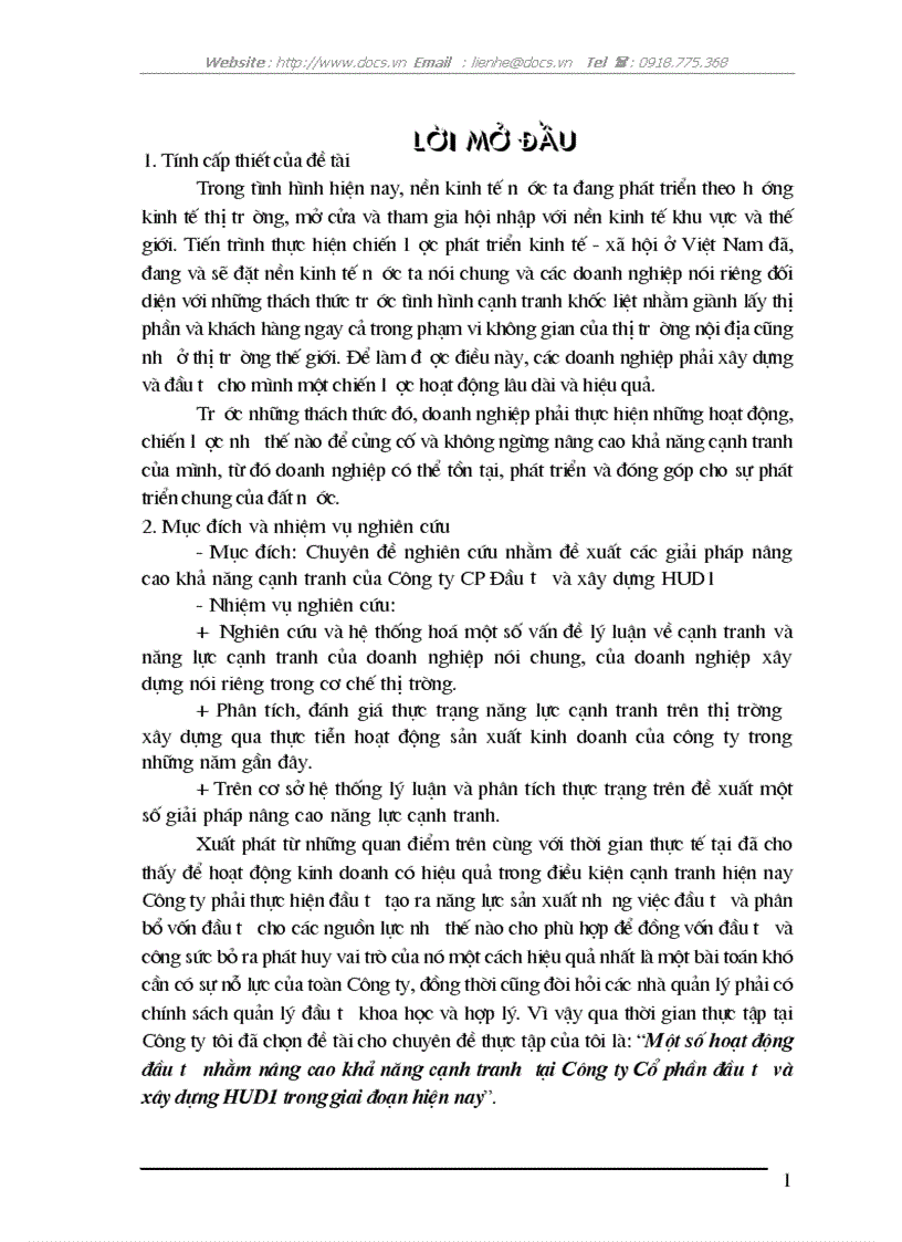 Một số hoạt động đầu tư nhằm nâng cao khả năng cạnh tranh tại Công ty Cổ phần đầu tư và xây dựng HUD1 trong giai đoạn hiện nay