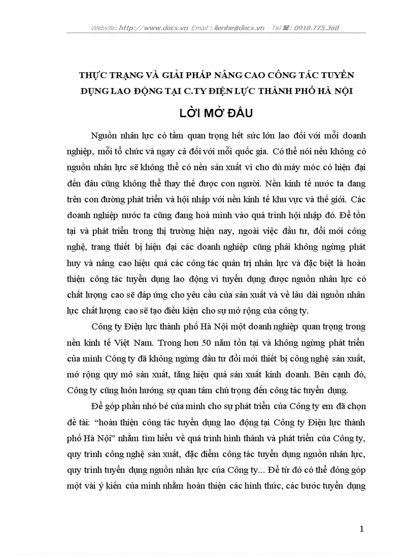 Thực trạng và giải pháp nâng cao công tác tuyển dụng lao động tại c ty điện lực thành phố hà nội