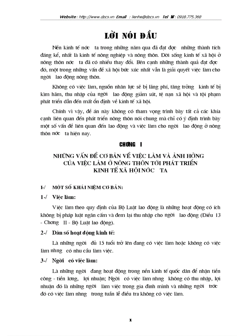 Mục lục lời nói đầu 1 chương i Những vấn đề cơ bản về việc làm và ảnh hưởng của việc làm ở nông thôn tới phát triển kinh tế xã hội nước ta
