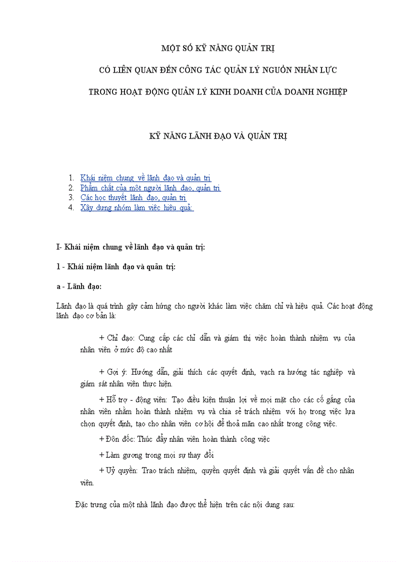 Một số kỹ năng quản trị có liên quan đến công tác quản lí nguồn nhân lực trong hoạt động quản lý kinh doanh của doanh nghiệp